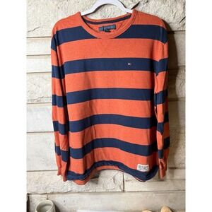 Tommy Hilfiger Mens XL Long Sleeve Striped Shirt Orange Navy Blue Cotton Ribbed